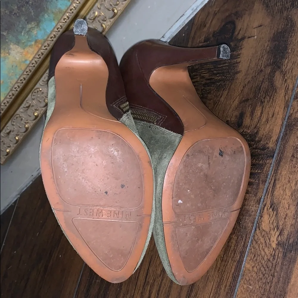 Nine West Olive Green Suede Ankle Booties with Brown Leather Straps - Picture 8 of 8